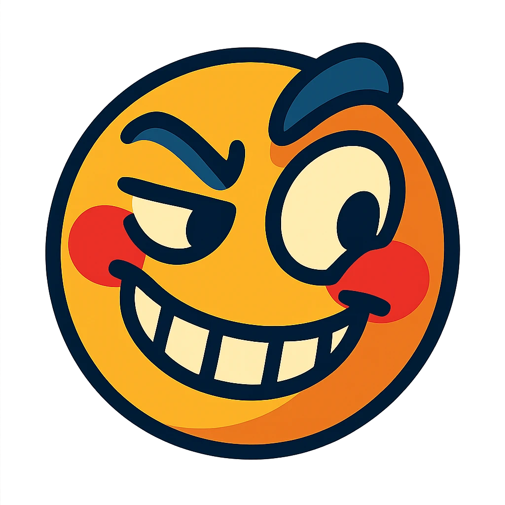 face with mischievous grin, raised eyebrow, blushing, vibrant toon style emoji