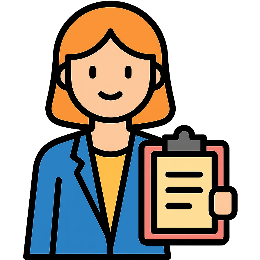 female character with a clipboard, standing, color outline icon style emoji
