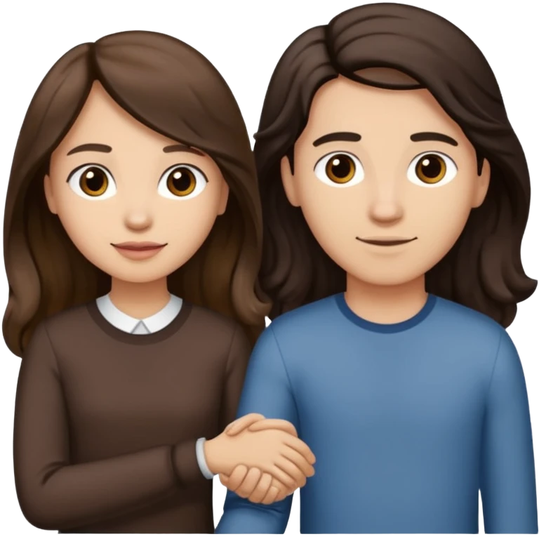 Longer wavy hair for one and straight for the other both dark brown hair. Light skin tone holding hands emoji
