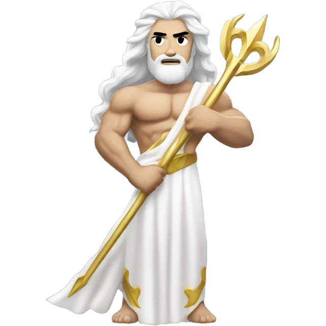 white Poseidon with gold Trident. long white hair white dress. show biceps emoji