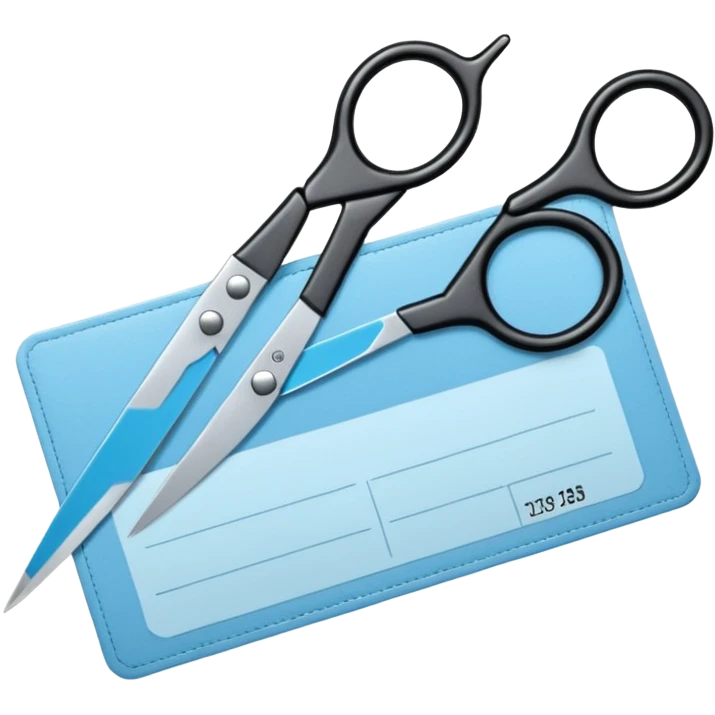 Floating black Scissors cutting a light blue military ID card in 2 parts .hyper realistic emoji
