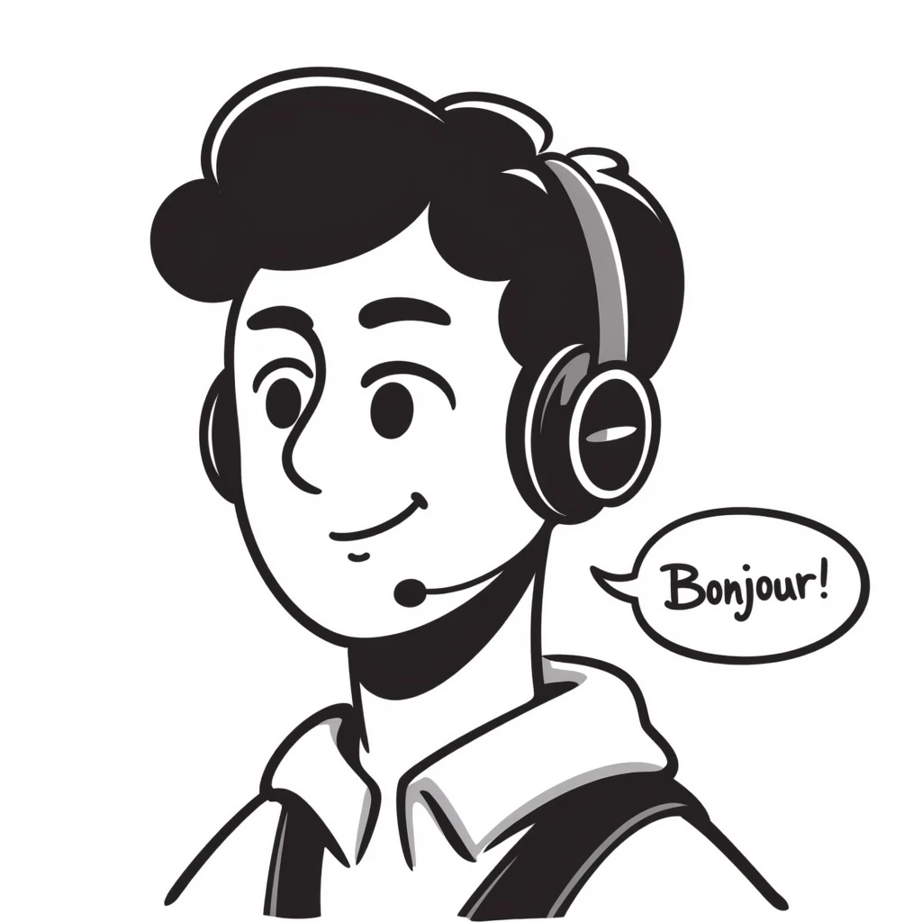 Highly detailed anime-style male character saying "Bonjour!", with styled black hair, expressive brown eyes, defined black beard, wearing detailed gaming headphones, anime art style with line work emoji