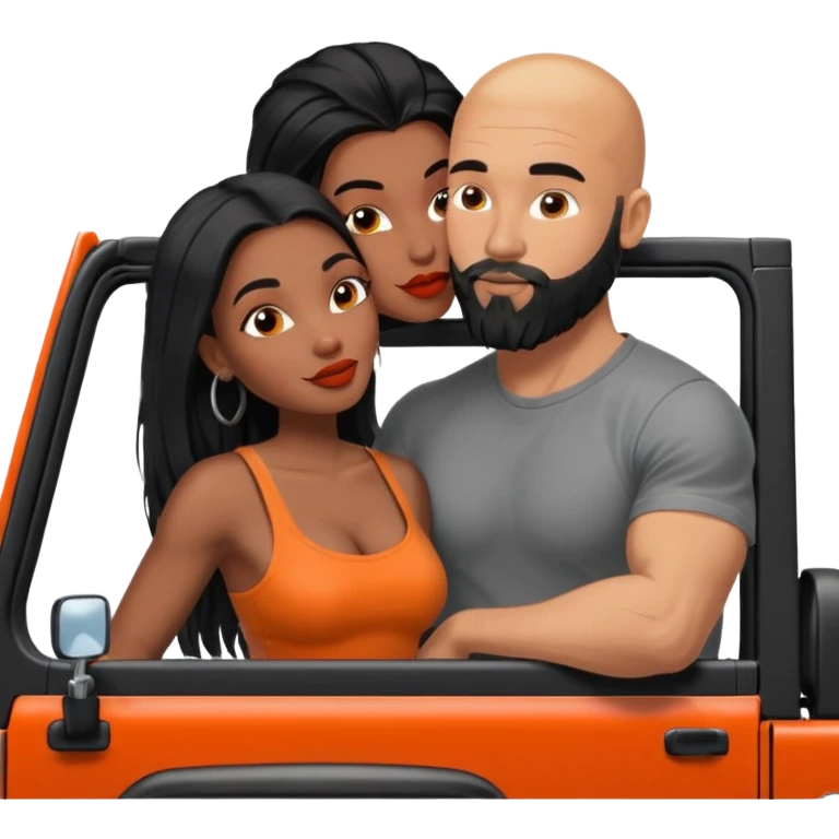 Intimate moment between lovers, real photo Realistic Couple, black woman with long black balayage hair is kissing bald white muscular man with orange facial hair and beard in a red Jeep Wrangler  emoji