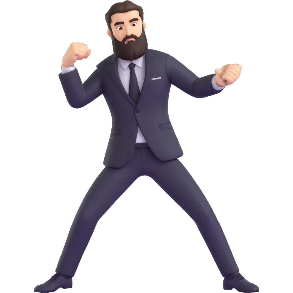 bearded man in a black suit, fighting posture emoji