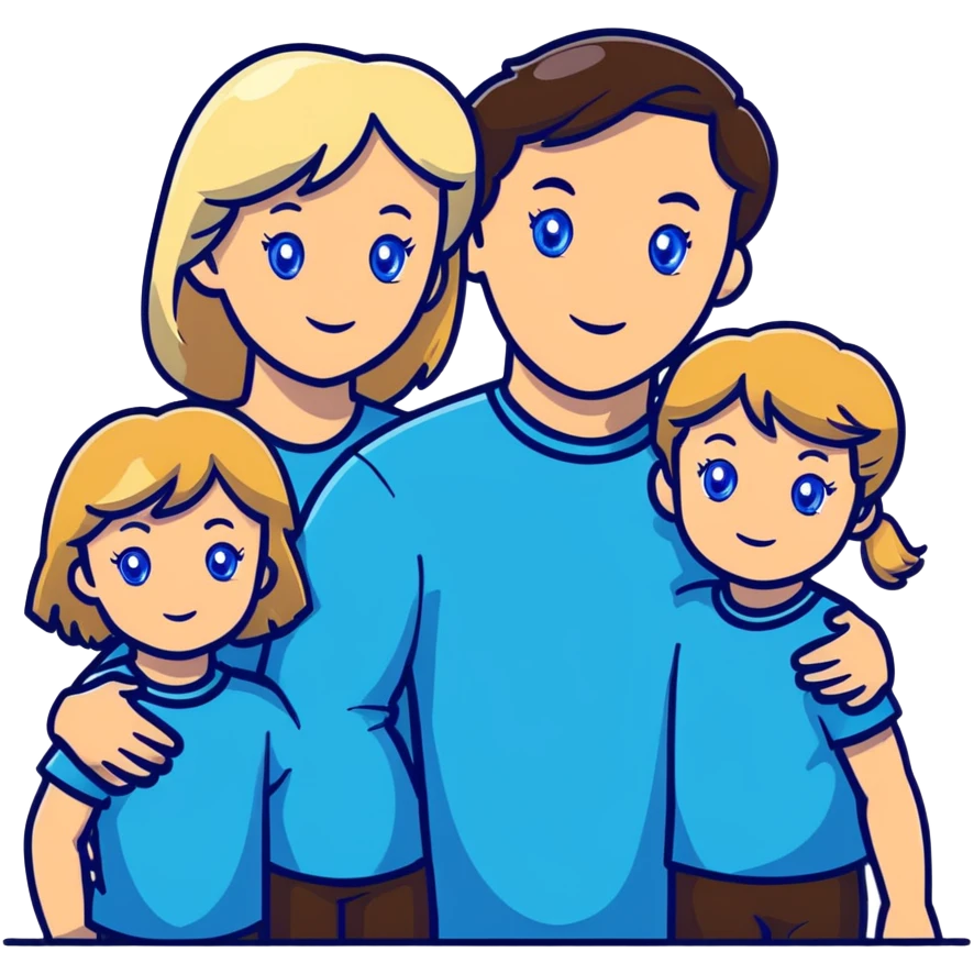 Family portrait with father with dark brown hair and blue eyes, mother with light brown hair and blue eyes, three blonde little girls with blue eyes emoji