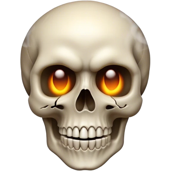 A detailed 3D-rendered skull emoji with a smooth, rounded shape. The skull looks crazy, with an unhinged expression and glowing eyes. Thick smoke is coming out from the top of its head, swirling upwards.  emoji