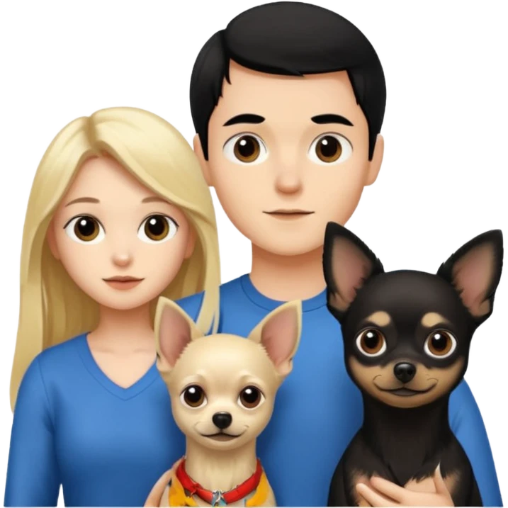  Pareja Chico pelo largo rubio. Chica pelo negro y chihuahua negro  emoji