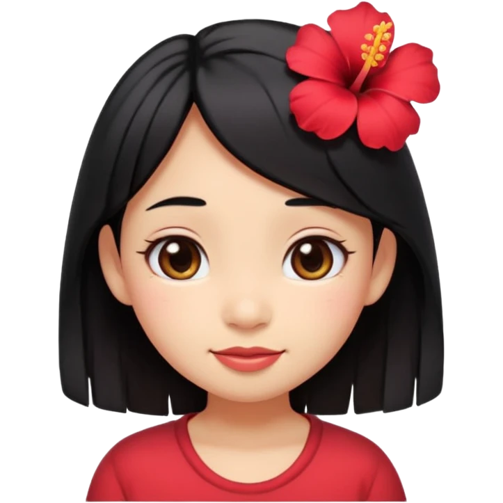cute emoji-style girl face inspired by Lilo from Lilo & Stitch, only the head, big round eyes, soft smile, smooth tan skin, straight black hair, a single red hibiscus flower hair clip on the left side, kawaii style, minimal details, pastel colors emoji