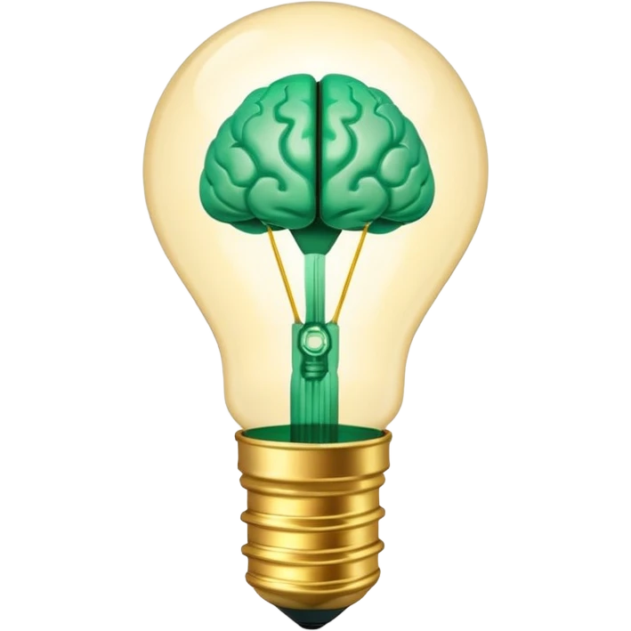 3D lightbulb icon with brain pattern inside, glowing softly, modern glossy style, deep green (#0B3D2C) base, gold (#C9B037) filament glow, cream (#F5F5DC) light, transparent background, premium render emoji