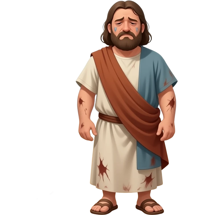 A full bodied dirty and tired man with a sad look on his face , wearing old clothing from biblical times , in a desolate barren land with desert mountains in the background,  vultures, crows flying and skull on the ground, standing in front of a dead tree, with a rope noose hanging from a tree limb emoji