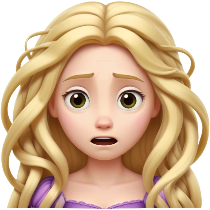 Cinematic Funny Rapunzel Portrait Emoji, Looking exhausted while tangled in her own hair, a dramatic sigh, eyes rolling with humorous exasperation, a hilariously relatable moment for the long-haired princess! emoji