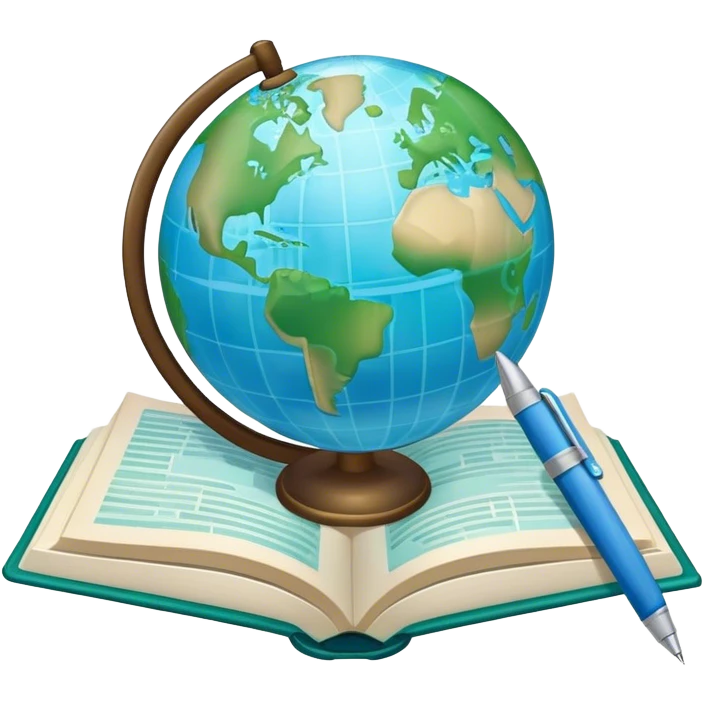Create an emoji representing language translation. The design should feature just one globe in the background, symbolizing international communication. In front of the globe, place two opened books with texts on them and a pen nearby to indicate the act of writing. Use a clean and professional color palette with blues, greens, and neutral tones. Make the background transparent. emoji