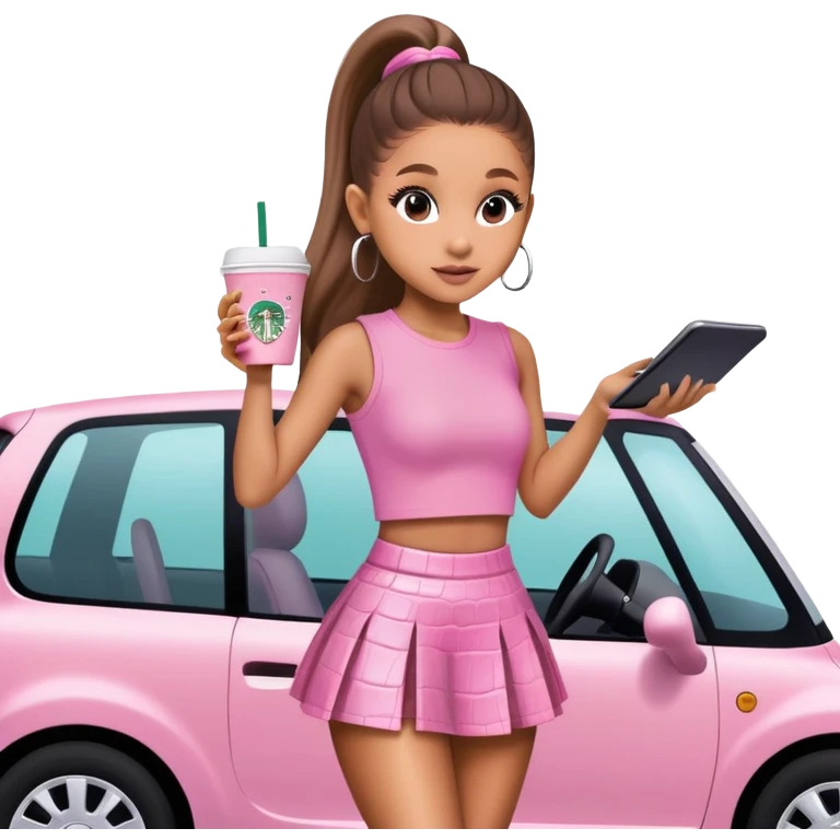 Ariana grande driving to Starbucks wearing a pink croc top and pink short skirt  emoji