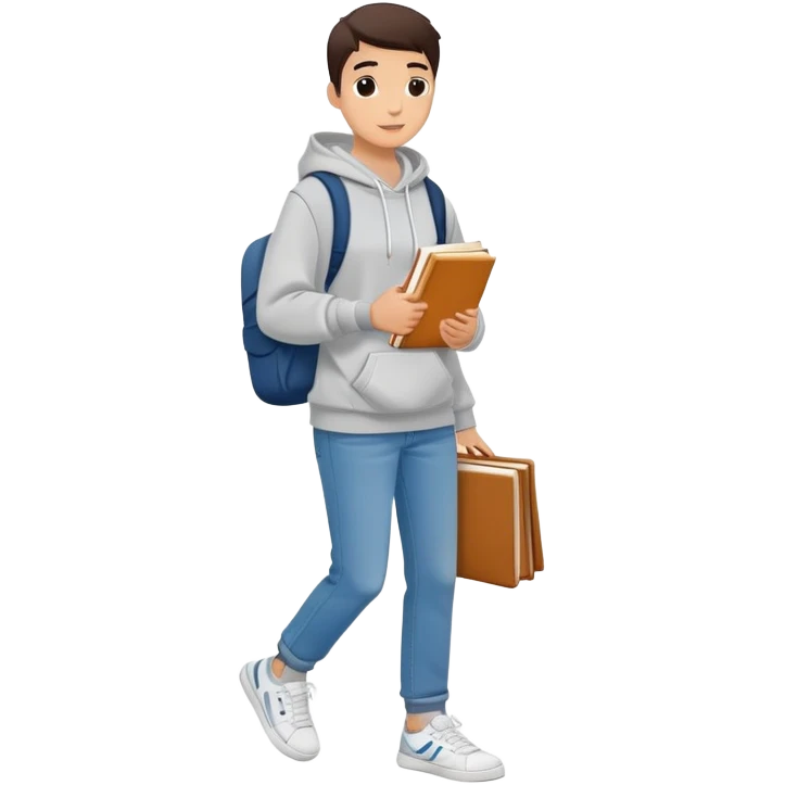 A flat-style illustration of a college student with a tote bag over the shoulder and a book in one hand. The student wears a hoodie, jeans, and sneakers. Clean cartoon style, white background, iOS emoji aesthetic. emoji