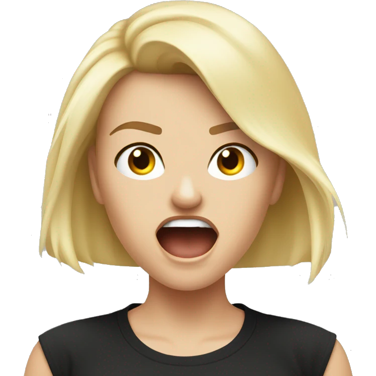 A beautiful white woman blonde model is angry and screaming in a black T-shirt with a thunder logo emoji