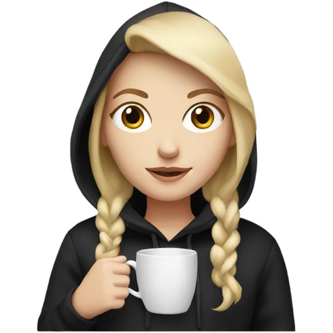 white girl with blond hair in black hoodie with cup emoji
