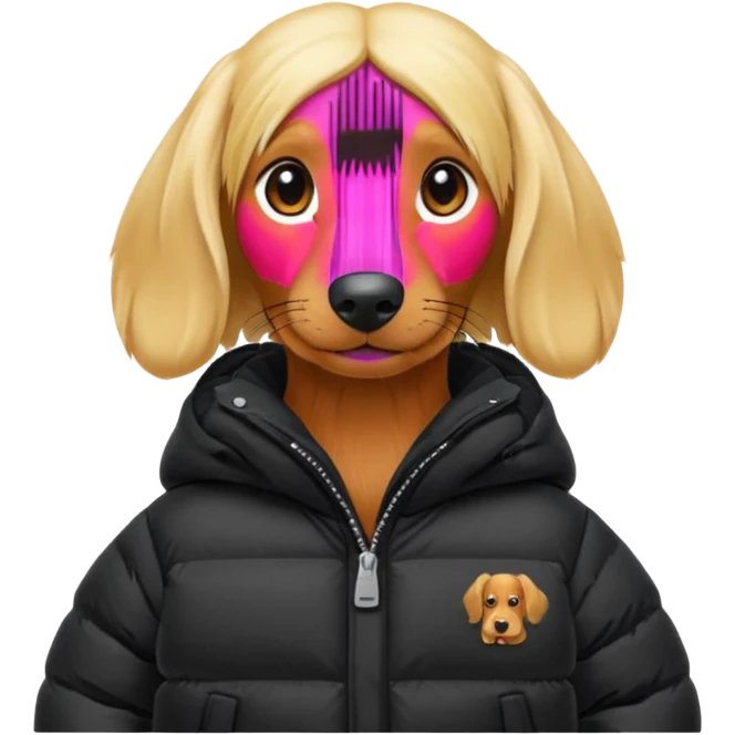 Long hair blonde Daschund dog in oversized black puffer  emoji