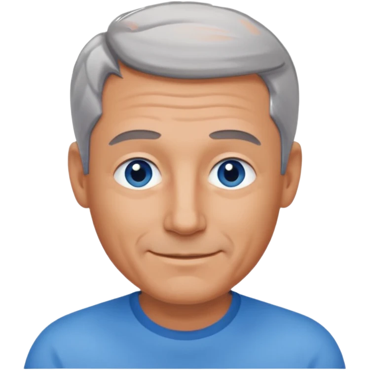 Middle aged man with tanned skin, receding dark grey hair and no beard, blue eyes, shy smile emoji