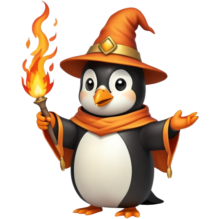 penguin wizard casting a fire spell with flames emoji