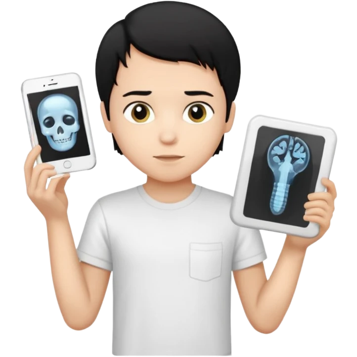 generate a pretty bratz emoji of a boy with black hair wearing a white tshirt and holding a cT emoji