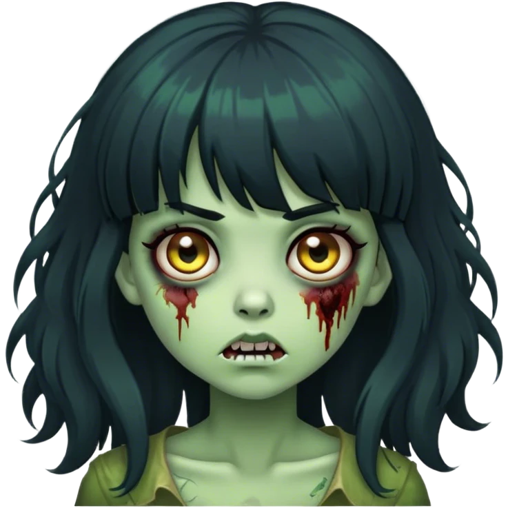 zombie girl with big black hair and bangs with greenish skin  emoji