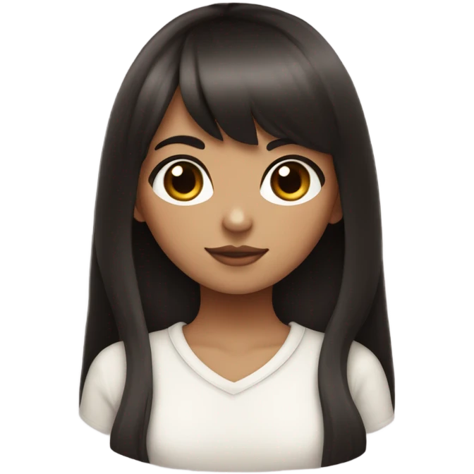 Dark brown haired pretty girl with olive skin with straight across bangs and long hair holding a black and white cat emoji