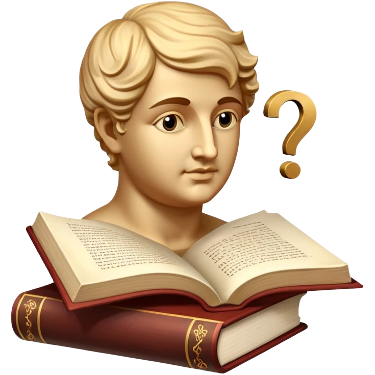 An icon featuring a classical bust, a book, and a question mark, symbolizing philosophy. The design includes a scroll with ancient text, evoking deep thought and intellectual inquiry. Transparent background highlights the search for knowledge and meaning emoji