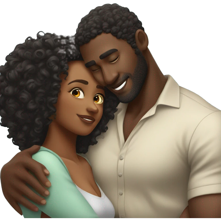 Tall handsome black man with curly hair hugs beautiful short curvy black woman emoji
