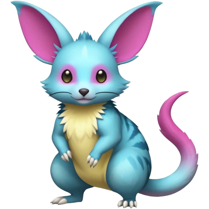 Shiny smooth silky soft Cyan-Yellowish-Magenta Minccino-Zeraora-Emolga-Vernid-Sergal-Fakémon-Chinchilla-fusion-hybrid-animal-creature, full body emoji