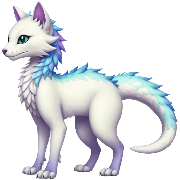 Kawaii white iridescent edgy fantasy feline-vernid-sergal-fursona animal creature with a tufted tail full body with intricate markings  emoji