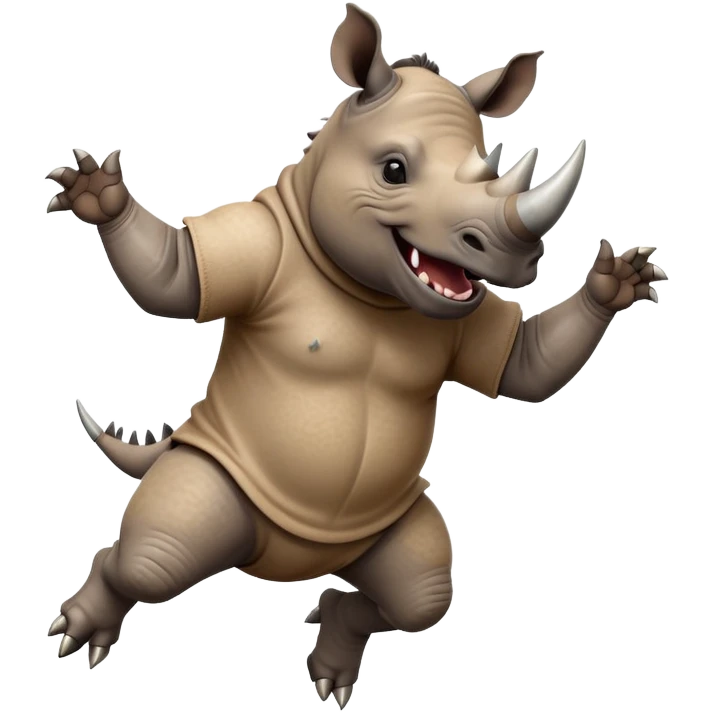 friendly anthropomorphised rhino jumping with excitement, wearing dark sunglasses, dynamic energetic pose emoji