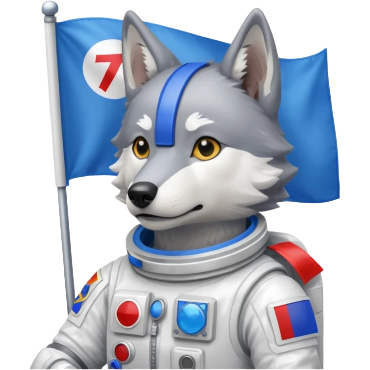 a wolf in space suit, holding blue rectangle flag emoji