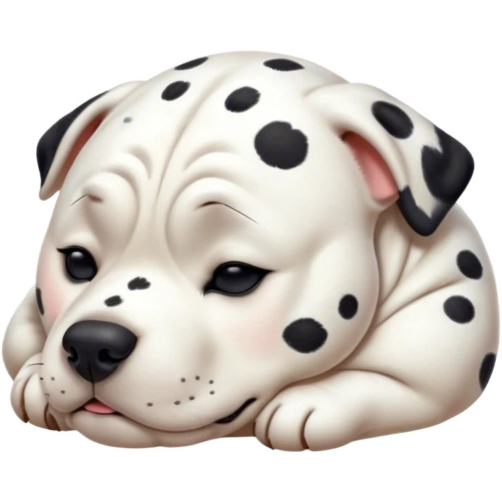 Cinematic Chubby Sleeping Dalmatian Portrait Emoji, Chubby and serene, with a round, plump build and a glossy white coat adorned with distinctive black spots, eyes gently closed in peaceful slumber, Simplified yet irresistibly endearing features, highly detailed, glowing with a gentle, dreamy glow, high shine, relaxed and content, stylized with a touch of whimsy, bright and heartwarming, soft glowing outline, capturing the essence of a blissfully sleepy companion, so comically serene it feels like it could roll out of the screen and snore with adorable charm! emoji