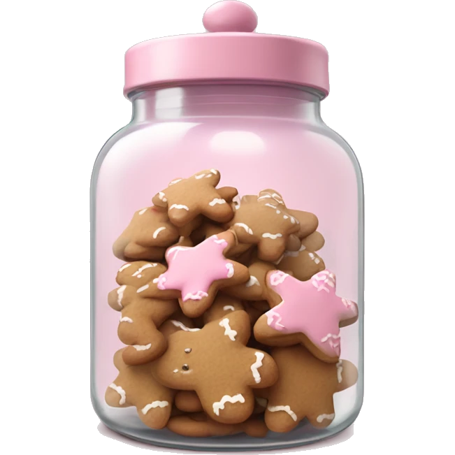 Realistic glass cookie jar with light pink lid full of gingerbread cookies isolated.  emoji