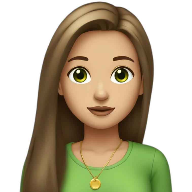 Cute girl with straight long brown hair (middlepart), green eyes, gold earrings and a green shirt. She ist looking fabulous btw emoji