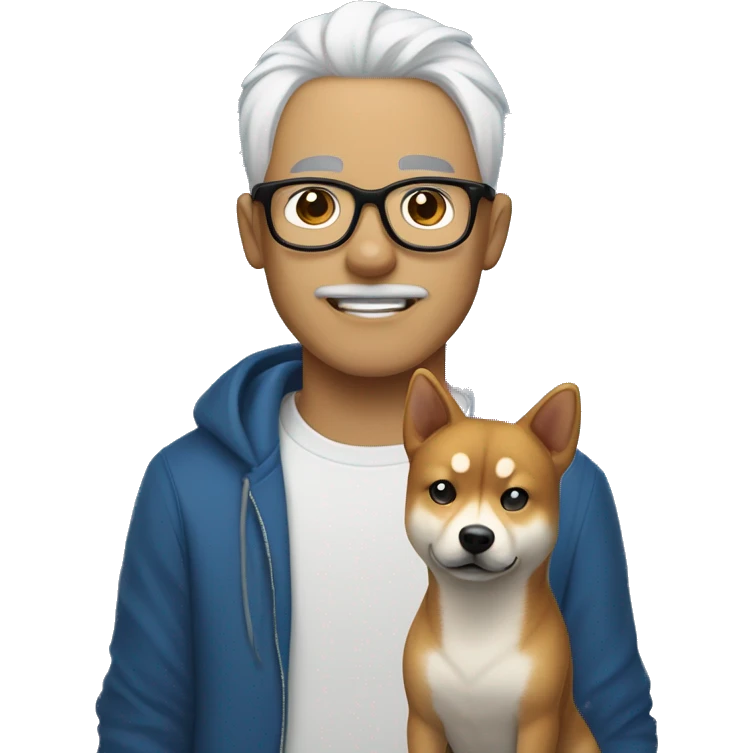 A guy with white hair tied in a ponytail, black-framed glasses, a nose piercing, a blue hoodie and a Shiba Inu dog next to him emoji