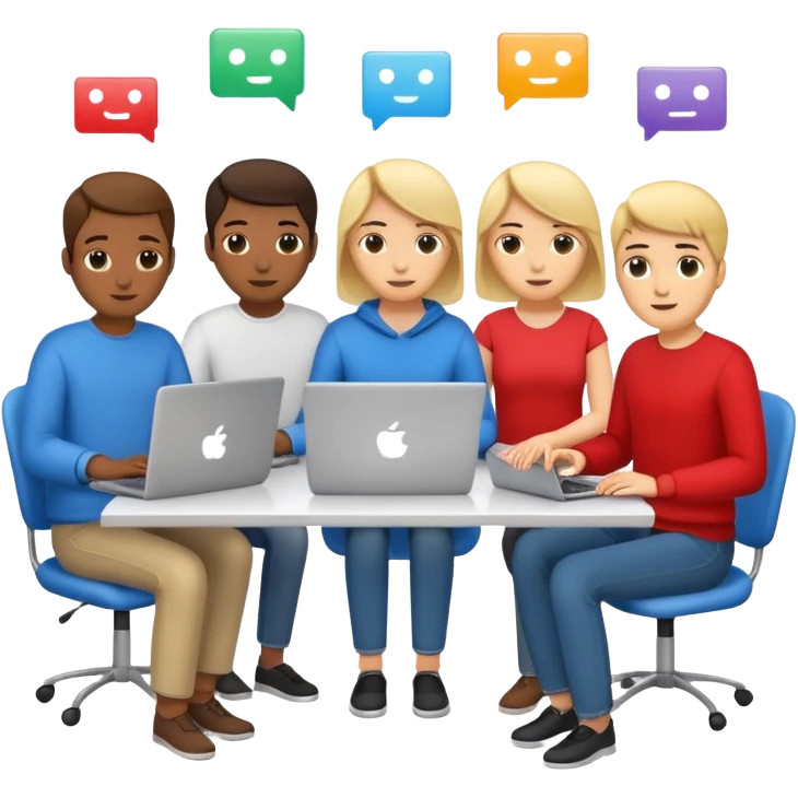 group of programmers with laptops and code snippets emoji
