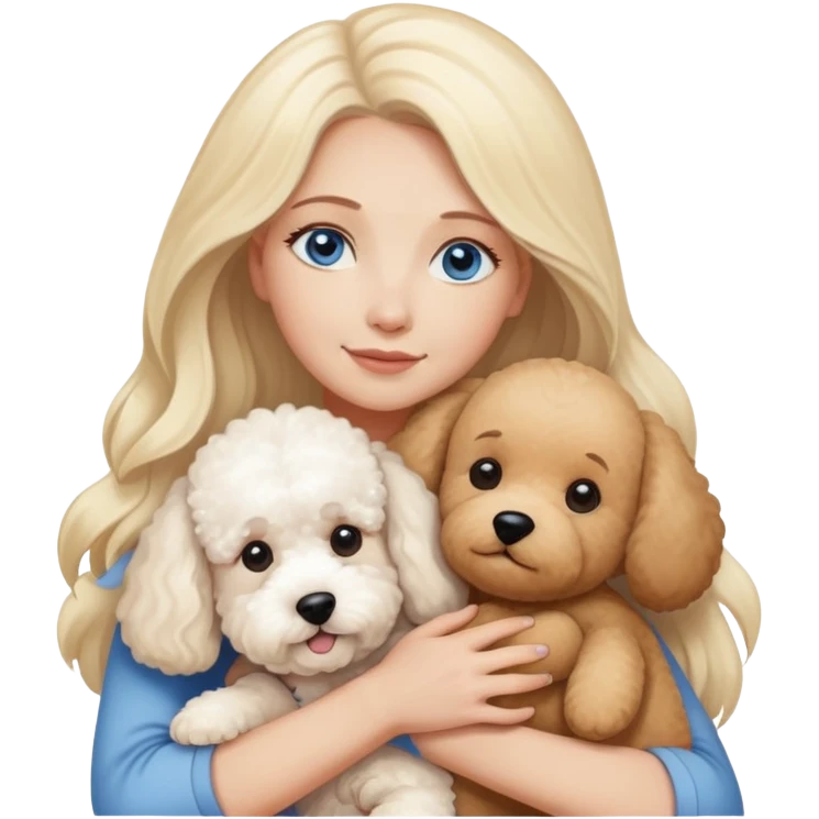 Blonde blue-eyed long-haired mother -hugs two dogs-a Bichon Frise- and- a Teddy emoji
