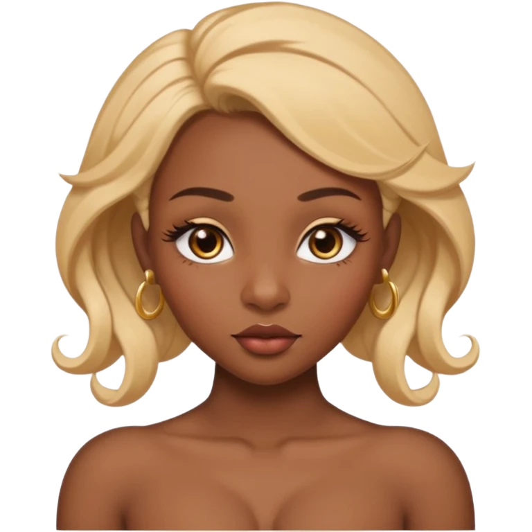darkskin female with eyebrows that are naturally shaped and frame eyes well, eyes that are almond-shaped with defined lashes. nd lips are full with a defined cupid’s bow, add also a septum piercing that adds an edgy, stylish flair. a middle-part, honey blonde bust-down with laid baby hairs emoji