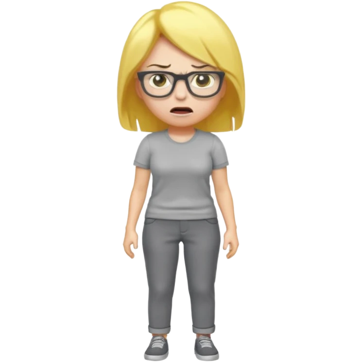 cartoon angry mother with yellow hair, wearing glasses, gray shirt and pants, emoji style emoji