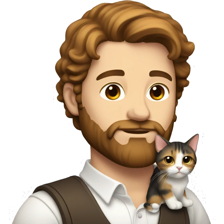 A whit man with brown hair and beard holding calico cat emoji