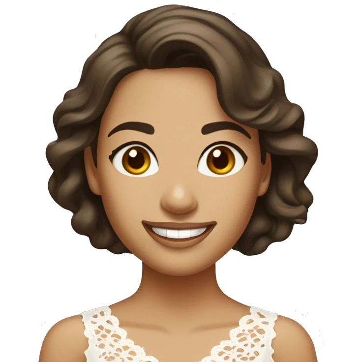 Adult woman with brown eyes, smiling, light tanned skin, long wavy dark brown hair, wearing a white lace dress. emoji