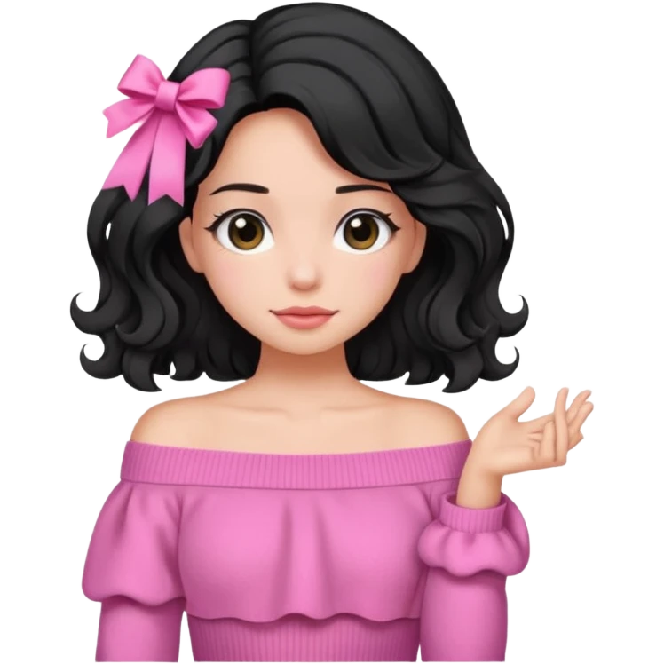 Girl with black wavy not so long hair and a ribbon hair clip beside it make it look like wearing a pink off shoulder sweater emoji