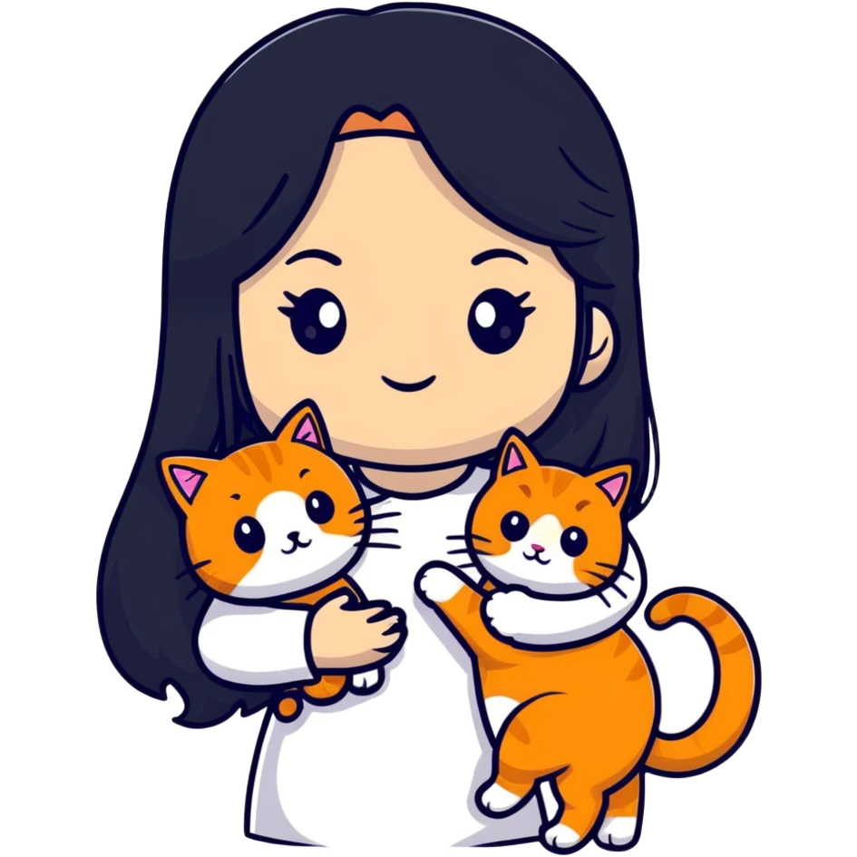 beautiful girl with elegant long black hair holding a cute ginger cat emoji
