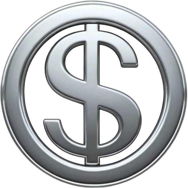 A double dollar sign emoji made of polished silver chrome, smooth metallic surface, glossy reflections, luxury swag vibe, minimal iOS emoji style, centered on white background emoji