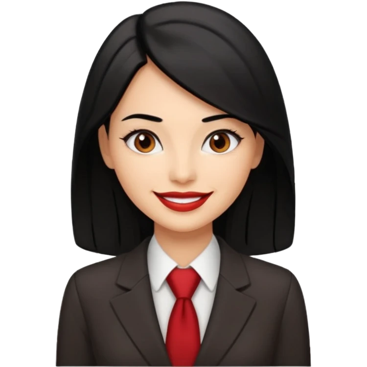 a woman with office outfits and smile, her hair is long black hair, her eyes are soft brown color and the color of her lip is soft red emoji