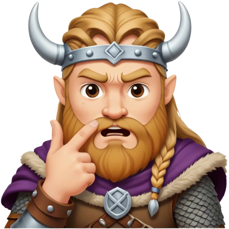 surprised viking face with furrowed eyebrows looking upwards with thumb and index finger resting on its chin. emoji