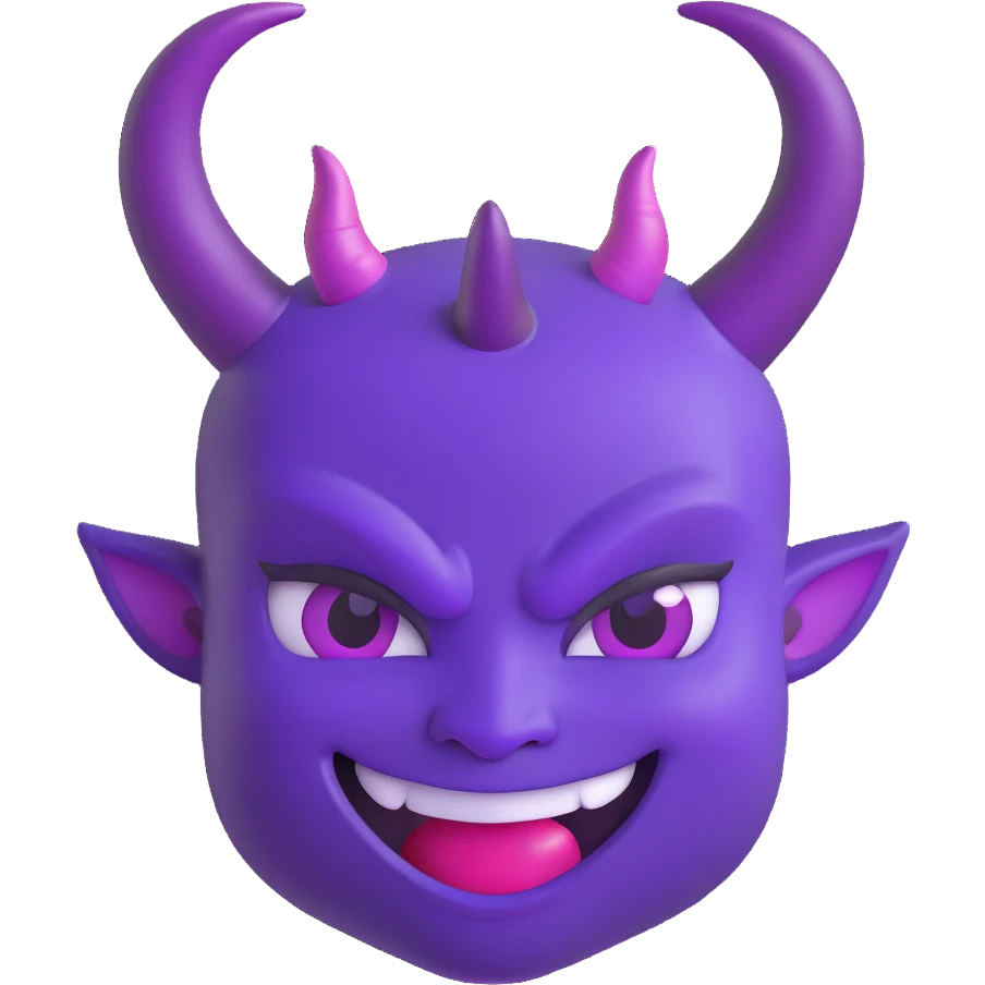 A mischievous purple devil emoji with a sly, confident smile and raised eyebrows, glowing purple horns, smooth gradient shading, minimalistic and glossy 3D cartoon style emoji