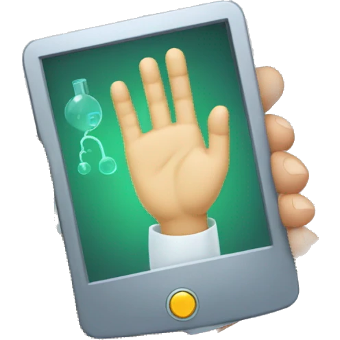 A doctor's hand holding technology emoji