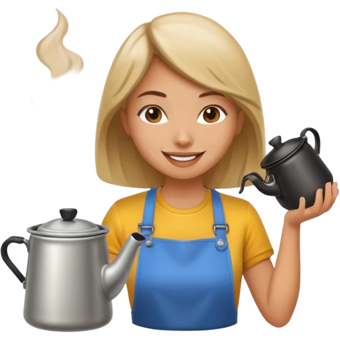 A cheerful female camper brewing coffee in a small metal pot. emoji